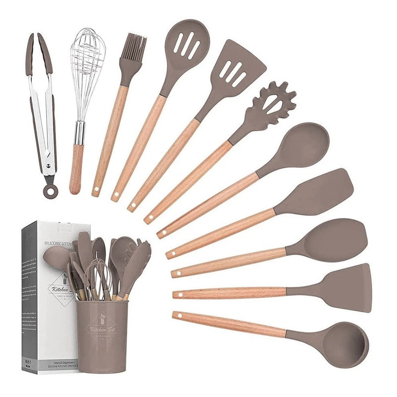 Kit Utensílios De Cozinha Silicone E Cabo Madeira